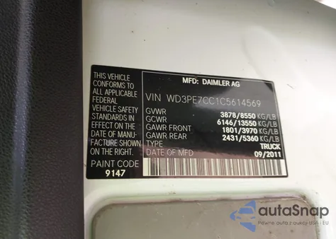 2012 Mercedes-Benz Sprinter 2500 Normal Roof from USA, damaged, VIN WD3PE7CC1C5614569